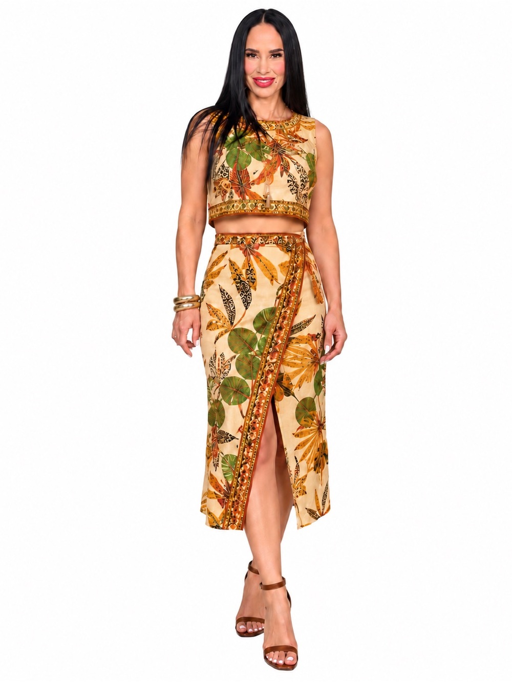 FARM Rio Beige Midi Wrap Skirt with Green & Orange Botanical Print